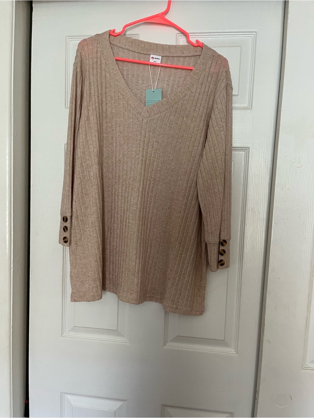 Relaxed V-Neck Ribbed Tunic Sweatshirt with Cuff Buttons - Beige